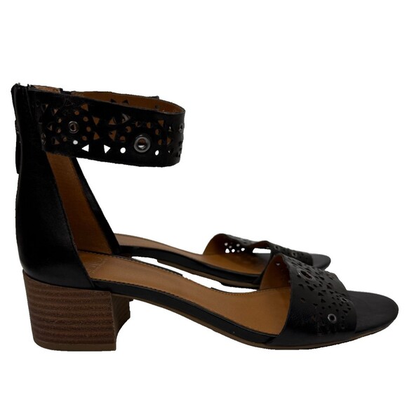 Franco Sarto Fidela Sandal 8.5 Black Leather Block Heel Ankle Strap Cut Out Shoe - Picture 3 of 10